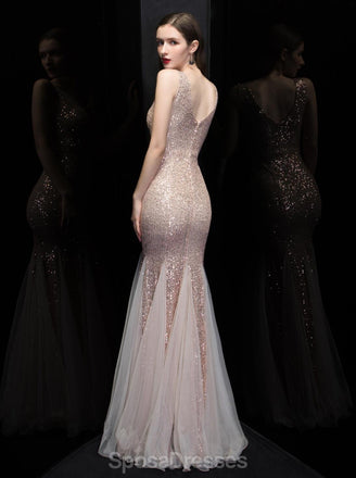 V Neck Rose Gold V Neck Mermaid Long Evening Prom Dresses, Evening Party Prom Dresses, 12322