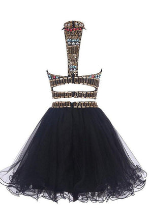 Vestidos de fiesta de regreso a casa negros sin espalda de dos piezas sexy, vestidos de cóctel negros, CM0019