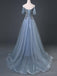 Spaghetti Straps Grey Blue Lace Beaded Cheap Long Evening Prom Dresses, Evening Party Prom Dresses, 18642