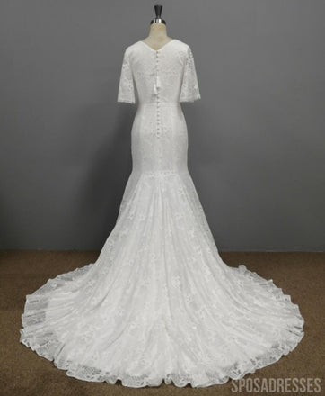 1/2 Long Sleeves Lace Mermaid Wedding Dresses, Cheap Wedding Gown, WD677