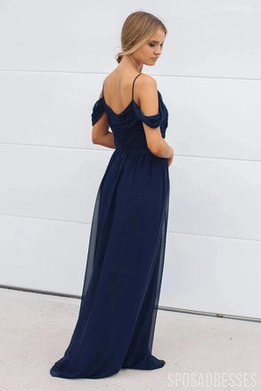 Marinha Chiffon Azul Fora de Ombro Longa Vestidos de Dama de honra Online, Baratos Vestidos das Damas de honra, WG747