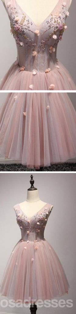 V Neckline Blush Pink Beaded Homecoming Dresses, Affordable Short Party Corset Back Prom Dresses, Perfect Homecoming Dresses, CM226