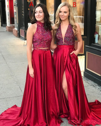 Popular Red Rhinestone Beaded A-line Long Evening Prom Dresses, 17564