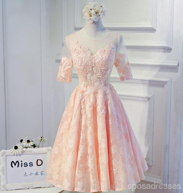 Short Sleeve Peach Lace Open Back Homecoming Prom Dresses, Affordable Short Party Prom Dresses, Perfect Homecoming Dresses, CM297