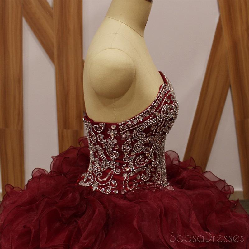 Maroon Ball Gown Beaded Organza Long Evening Prom Dresses, Cheap Sweet 16 Dresses, 18359