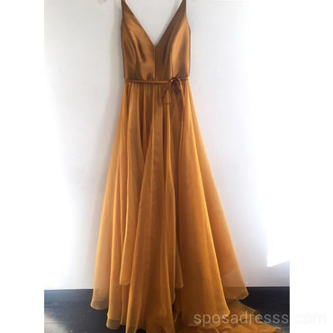Simple V Neck Gold A-line Long Evening Prom Dresses, Cheap Custom Sweet 16 Dresses, 18565