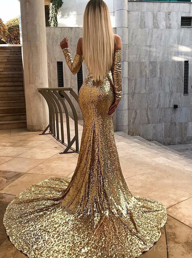 Sparkly Gold Sequin Long Sleeves Mermaid Evening Prom Dresses, Cheap Custom Sweet 16 Dresses, 18539