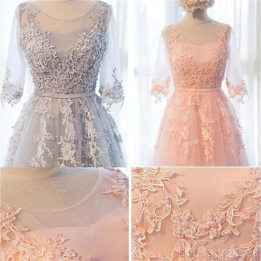 Long Sleeve Gray Lace Soft Tulle Long Bridesmaid Dresses, BD017