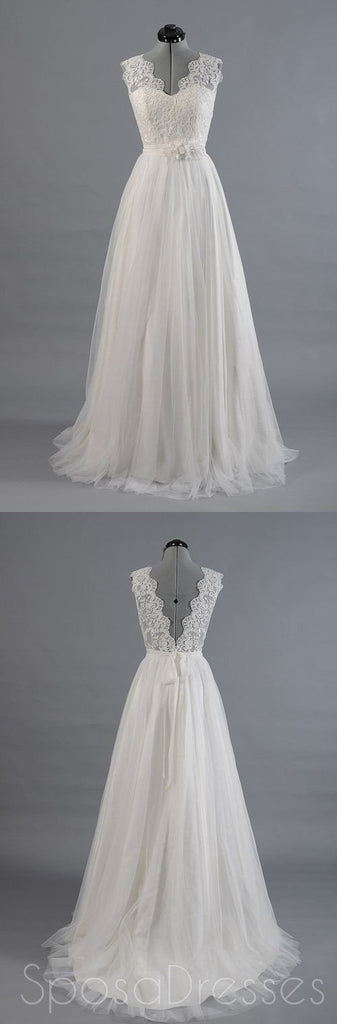 Mejor Venta Vantage Espalda en V de Encaje de la parte Superior del Diseño Simple de la Boda Vestidos de Fiesta, WD0036