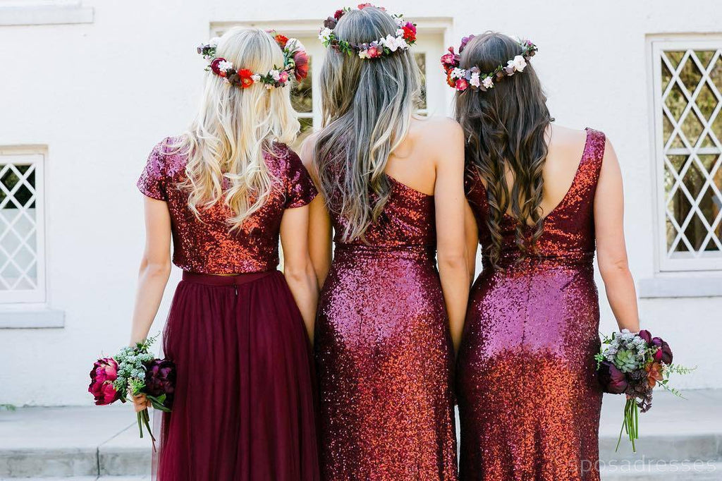 Vestidos de dama de honor largos personalizados de lentejuelas rojo oscuro mal combinados, WG235