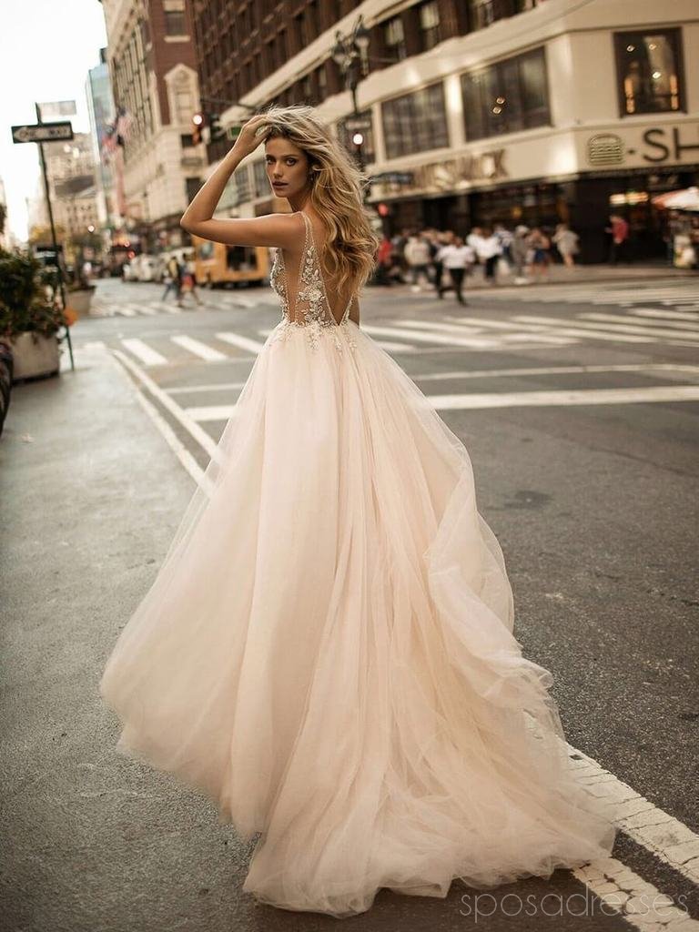 Sexy sin respaldo ver a través de una línea de vestidos de novia baratos en línea, vestidos de novia baratos, WD485