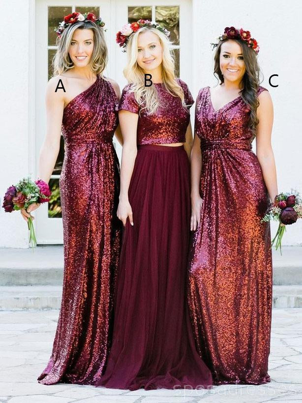 Vestidos de dama de honor largos personalizados de lentejuelas rojo oscuro mal combinados, WG235