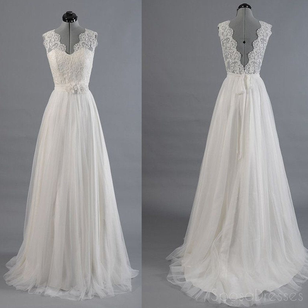 Mejor Venta Vantage Espalda en V de Encaje de la parte Superior del Diseño Simple de la Boda Vestidos de Fiesta, WD0036
