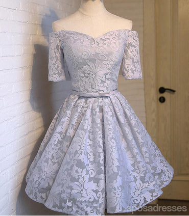 Off Shoulder Short Sleeve Gray Lace Cute Homecoming Prom Dresses, Affordable Short Party Prom Dresses, Perfect Homecoming Dresses, CM304