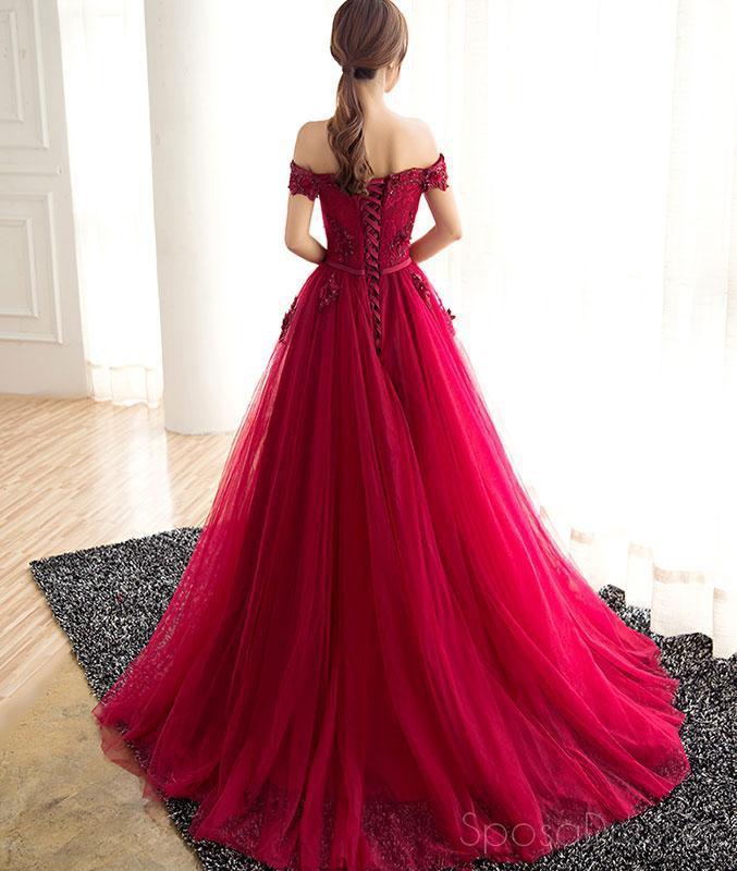 Off Shoulder Red Lace Beaded A-line Long Evening Prom Dresses, Cheap Sweet 16 Dresses, 18409