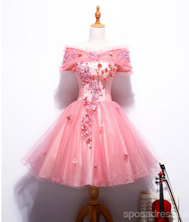Off Shoulder Peach Lace Cute Homecoming Prom Dresses, Affordable Short Party Prom Dresses, Perfect Homecoming Dresses, CM323