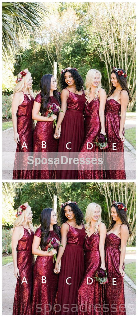 Vestidos de dama de honor largos personalizados de lentejuelas rojo oscuro mal combinados, WG223