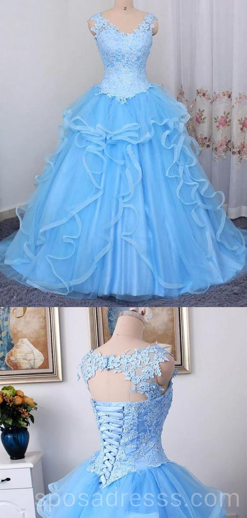 Cordón ata vestido de la pelota azul con correa vestidos de la fiesta de promoción de la tarde largos, 16 vestidos dulces de encargo baratos, 18543