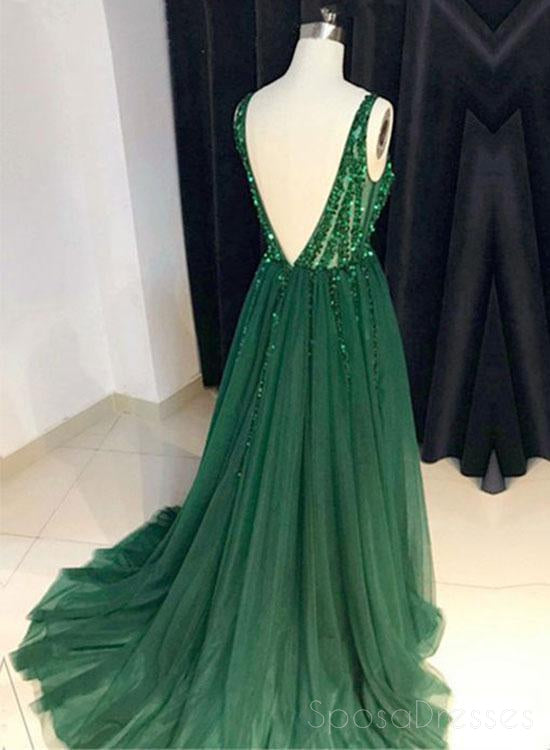V Cuello de color Verde Esmeralda de Tul Una línea de Tiempo Personalizada de Noche, vestidos de fiesta, Vestidos 17452