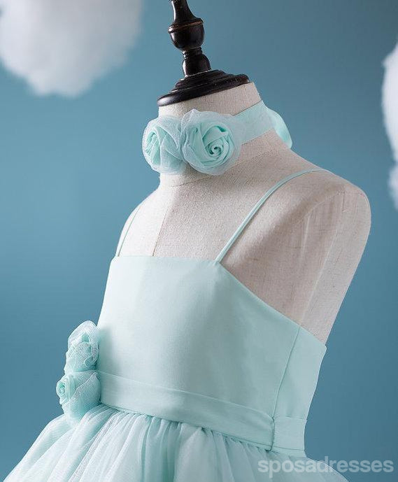Tiffany mona vestidos de la florista del satén del tul de espagueti azules, vestidos de la niña populares baratos, FG050