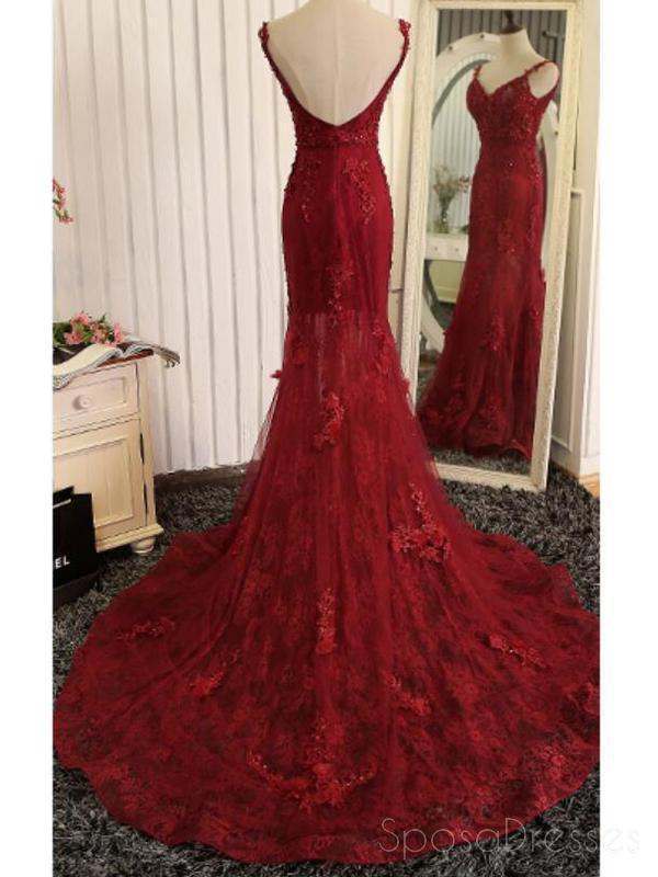 Rojo encaje sirena V-cuello barato largo vestidos de fiesta de noche, vestidos de fiesta de la noche, 18643