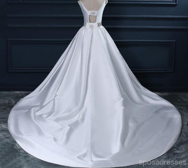 Backless White Scoop Neckline Beaded Sash A line Wedding Bridal Dresses, Affordable Custom Made Wedding Bridal Dresses, WD261