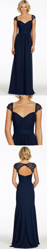 La tapa de la Manga de Encaje con Espalda descubierta Dulce Corazón de Gasa Azul marino Formal Barato Vestidos de Dama de honor, WG43