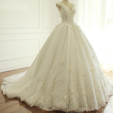 Sexy Backless Cap Sleeve Lace Beaded Deep V Neckline A line Wedding Bridal Dresses, Affordable Custom Made Wedding Bridal Dresses, WD262