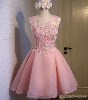 Pink See Through Lace Cute Homecoming Prom Dresses, Affordable Short Party Prom Dresses, Perfect Homecoming Dresses, CM308