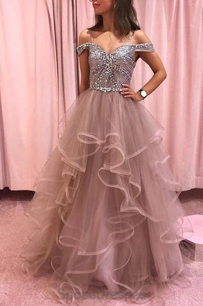 Off Shoulder Beaded Bodice Ruffle Skirt Long Evening Prom Dresses, Evening Party Prom Dresses, 12173