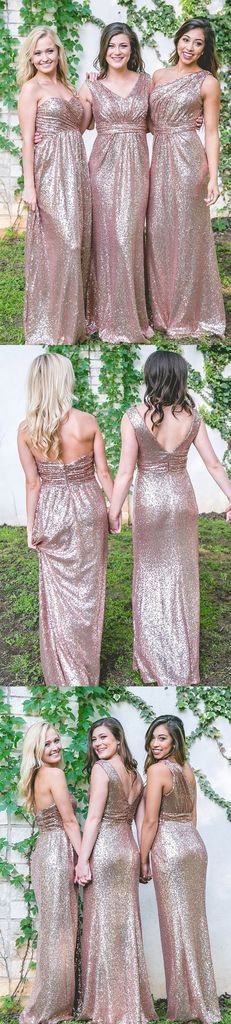 Vestidos de dama de honor largos baratos con lentejuelas de oro rosa en línea, WG551