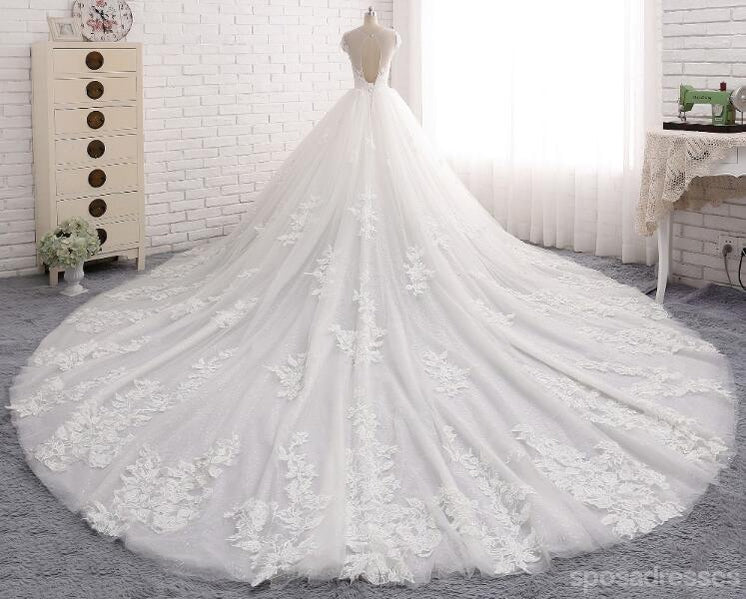 Sexy Open Back Cap Sleeve Long Tail Lace Wedding Bridal Dresses, vestiduras de boda hechas a medida, vestidos nupciales de boda asequibles, WD240