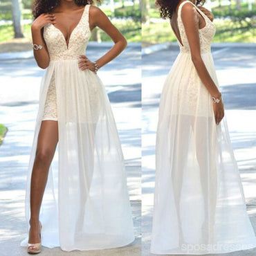 Vestidos de festa de casamento de gaze de fenda de lado de cadarço de marfim simples populares baratos, WD0048