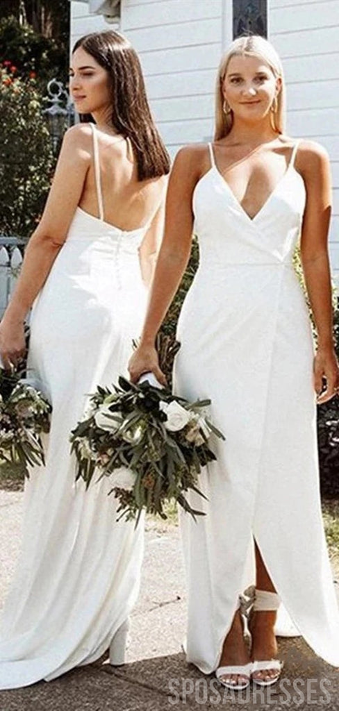 Robes de demoiselle d'honneur longues bretelles spaghetti blanc cassé en ligne, robes de demoiselles d'honneur pas chères, WG728