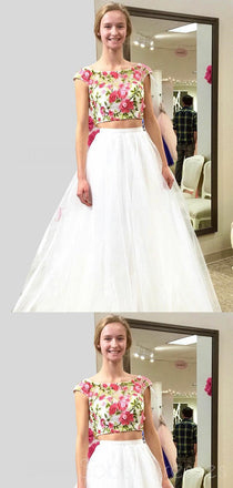 Sexy Two Pieces Cute Hande Made Flower Long Evening Prom Dresses, Cheap Sweet 16 Dresses, 18334