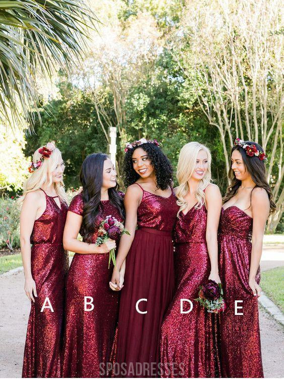 Vestidos de dama de honor largos personalizados de lentejuelas rojo oscuro mal combinados, WG223