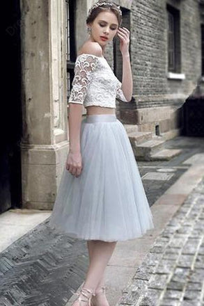 Sexy Two Pieces Off Shoulder Lace Short Homecoming Prom Dresses, Affordable Short Party Prom Sweet 16 Dresses, Perfect Homecoming Cocktail Dresses, CM362