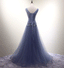 V Neck Dusty Blue Beaded A-line Long Evening Prom Dresses, 17620