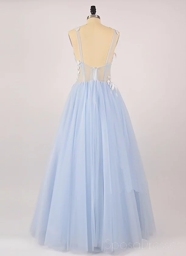 Pale Blue See Through Lace Cheap Long Evening Prom Dresses, Cheap Custom Sweet 16 Dresses, 18518