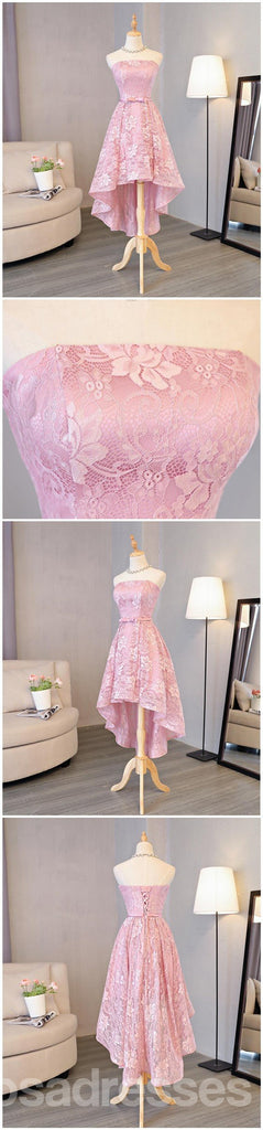 Strapless Lace High Low Pink Homecoming Prom Dresses, Affordable Short Party Prom Sweet 16 Dresses, Perfect Homecoming Cocktail Dresses, CM329