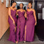 Vestidos de dama de honor largos y baratos con hendiduras laterales púrpuras mal combinadas en línea, WG675