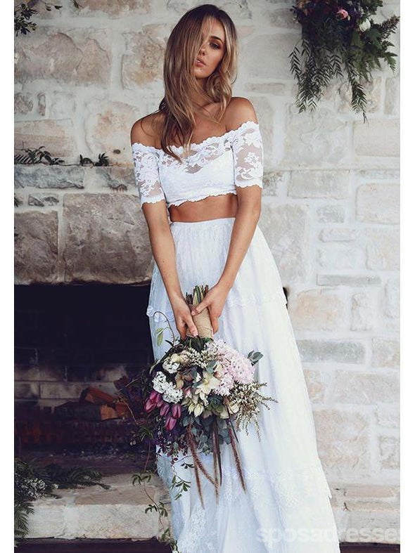 Vestidos de novia de encaje de manga larga de dos piezas sexy en blanco en línea, WD360