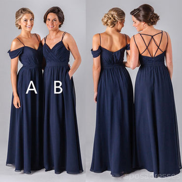 Différente mousseline de soie de styles mal assortie longueur du plancher bleu marine une ligne robes de demoiselle d'honneur sexy bon marché formelles, WG52