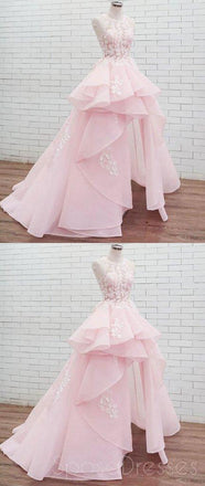 Halter Lace High Low Pink Organza Long Evening Prom Dresses, Cheap Custom Sweet 16 Dresses, 18461