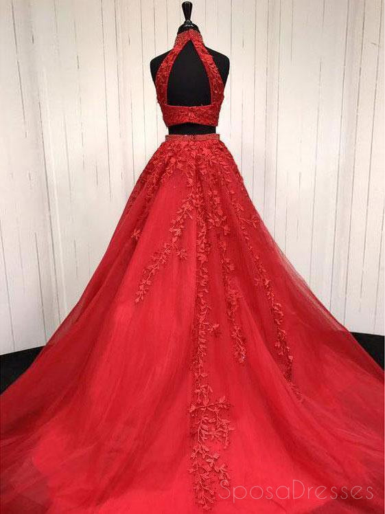 Sexy Open Back Two Pieces Halter A line Red Lace Long Custom Evening Prom Dresses, 17393