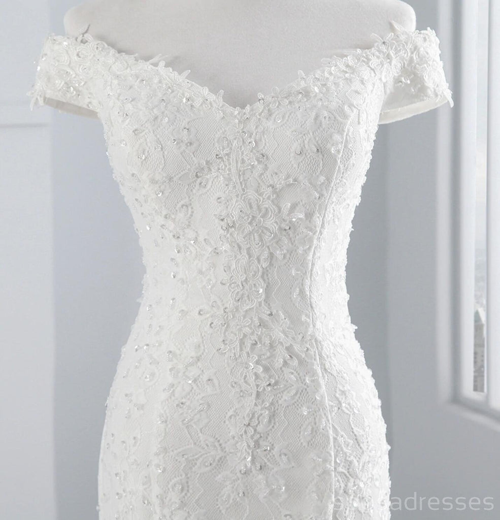 De sirena del cordón del hombro trajes de novia baratos vestidos nupciales en línea, baratos, WD501