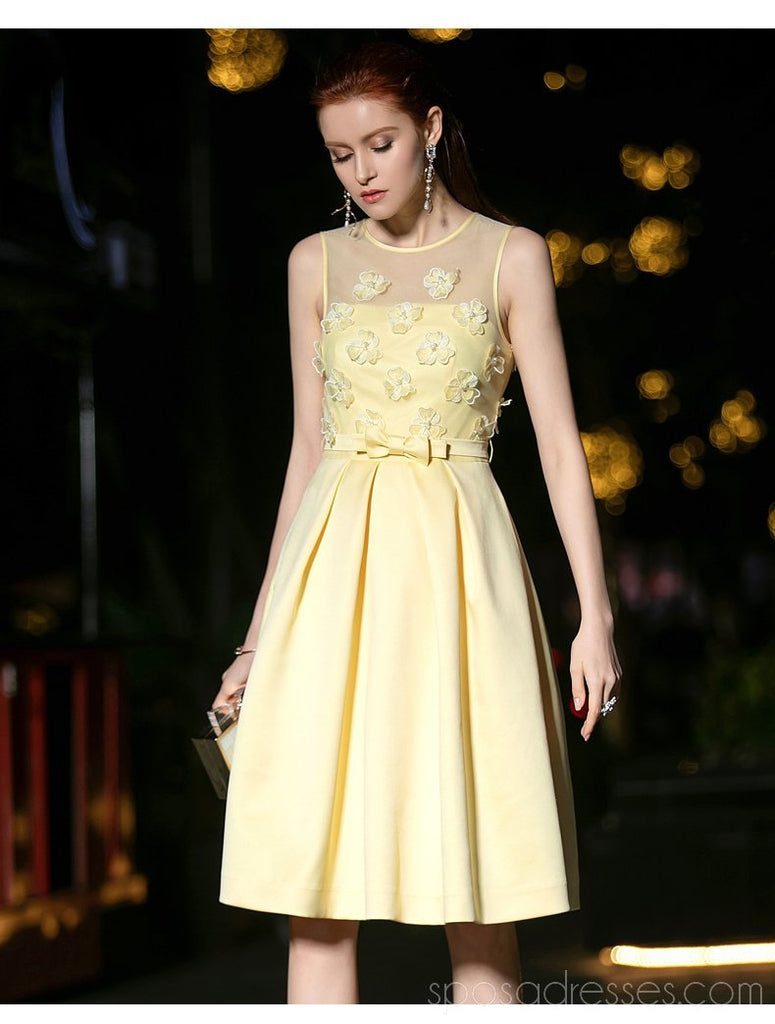 Scoop Pastel Yellow Flower Vestidos de fiesta baratos en línea, vestidos de fiesta cortos baratos, CM780