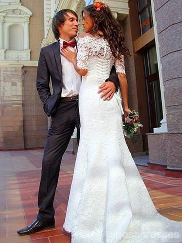 Vestidos de novia de sirena de manga larga de encaje fuera del hombro en línea, WD364