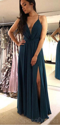 Spaghetti Straps Sexy Teal Side Slit Long Evening Prom Dresses, Cheap Sweet 16 Dresses, 18435