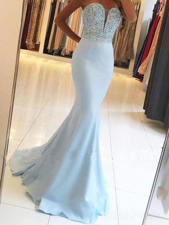Strapless Light Blue Sweetheart Mermaid Long Custom Evening Prom Dresses, 17455
